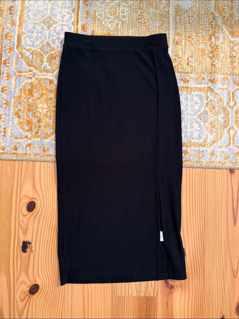 Black Ribbed Pencil Skirt with Side Slit